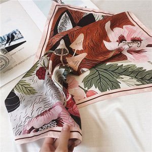 Женский шелковый платок, цветочный принт "лисичка с цветами", цвет оранжевый/розовый/зеленый