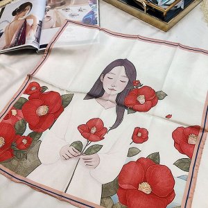 Женский шелковый платок, принт "девушка с красным цветком", цвет белый с коричневой окантовкой