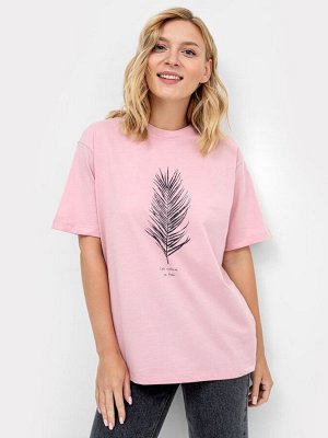 Свободная хлопковая футболка в оттенке пыльная роза с принтом растение