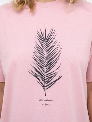 Свободная хлопковая футболка в оттенке пыльная роза с принтом растение