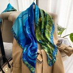 Женский шелковый платок, принт &quot;цветущее поле&quot;, цвет  синий/зеленый