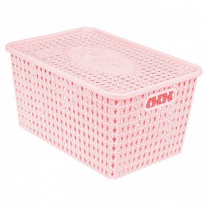 "Домашняя мода" Корзина-ящик пластмассовая для хранения "Вязанка-Розы" 33,5х23см h17см, с крышкой, с ручками розовый (Китай)