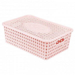 "Домашняя мода" Корзина-ящик пластмассовая для хранения "Вязанка-Розы" 33х23см h11см, с крышкой, с ручками розовый (Китай)