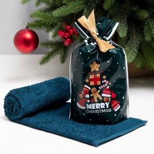 Полотенце махровое Экономь и Я  Merry Christmas 30*60 см, цв. серо-голубой, 70% хл., 30% бамбук, 340