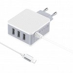 NEW Сетевое Зарядное устройство BOROFONE BA42A Joyful 3*USB + Apple Lightning, 3.1A, белый