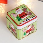 Шкатулка металл квадрат &quot;Дед Мороз с оленем и эльфом&quot; 7,7х7,7х6,3 см