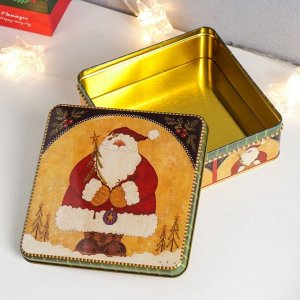 Шкатулка металл квадрат "Дед Мороз с ёлочкой и шариком" 17х17х6 см