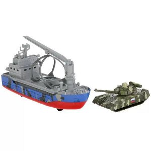 CRANEBOAT-17SLMIL-TANKBU Модель металл свет-звук ТРАНСПОРТНЫЙ КОРАБЛЬ ВОЕННЫЙ 17 см, ТАНК, инер, кор. Технопарк в кор.2*24шт