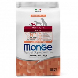 Сухой корм Monge Dog Speciality Mini для собак мелких пород, лосось/рис, 800 г.   158495