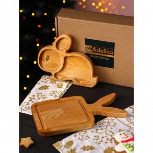 Подарочный набор посуды Adelica «Ушастый заяц», доска разделочная 28x15x1,8 см, менажница 22x18x1,8 см, берёза