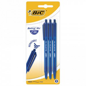 Ручки шариковые автоматические BIC "Round Stic Clic", НАБОР 3 шт., СИНИЕ, линия письма 0,32 мм, блистер, 926374