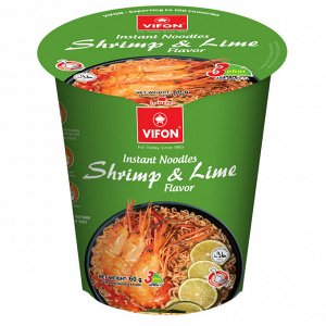 Лапша Пшеничная VIFON Shrimp &amp; Lime - креветка с лаймом по-восточному ,стакан, 60 гр, (VIFON Shrimp &amp; Lime Flavor) Вьетнам