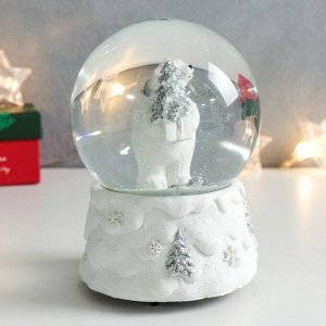 Стеклянный шар музыка "Белый мишка с ёлочкой и подарком" 11,5х11,5х14 см
