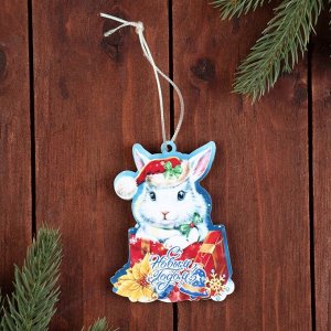 Елочная игрушка двусторонняя "Кролик белый в шапке", 9х6 см