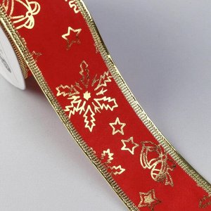 Лента бархатная с металлической нитью «Снежинки», 38 мм ? 9 ± 0,5 м, цвет красный/золотой