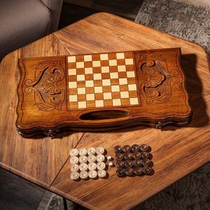 Нарды ручной работы "Медведи", глубокая резка, с ручкой, 60х30 см, с шахматным полем, массив ореха, Армения