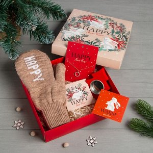 Новогодний подарочный набор "Happy" варежки размер 19 и аксессуары (4 предмета)