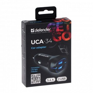 Автомобильное зарядное устройство Defender UCA-34, 2 USB, 3.4 А, индикатор, черное