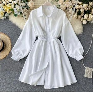 Платье Женское 7007 "Однотон Рубашка-Резинка Пояс" Белое