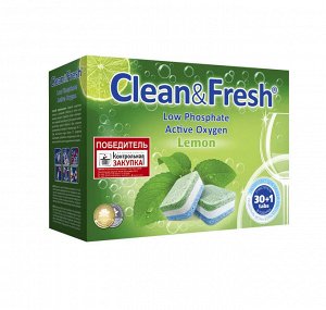 Таблетки для посудомоечных машин "Clean&Fresh" Allin1 (midi) 30 штук + 1 табл Очиститель  аромат Лимона