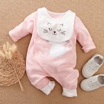 Комбинезон для девочки, на клепках + нагрудник, принт &quot;Кошка&quot;, цвет розовый