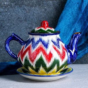 Набор чайный Шафран «Риштанская керамика Атлас №2», 9 предметов: чайник 1 л, пиалы 6 шт. 300 мл, ляган, блюдце, МИКС