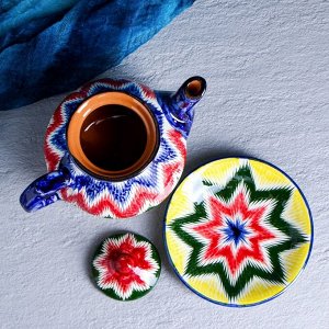 Набор чайный Шафран «Риштанская керамика Атлас №2», 9 предметов: чайник 1 л, пиалы 6 шт. 300 мл, ляган, блюдце, МИКС