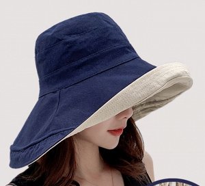 Шляпа двусторонняя текстильная с большими полями, темно-синий и беж