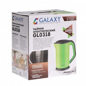Чайник электрический Galaxy GL 0318, пластик, колба металл, 1.7 л, 2000 Вт, зелёный
