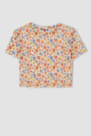 Приталенная футболка с круглым вырезом и цветочным узором с коротким рукавом