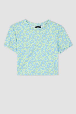 Классная укороченная футболка с круглым вырезом и цветочным узором