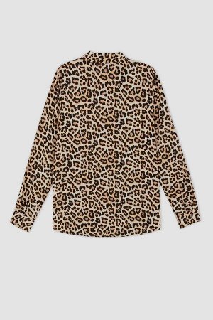 Обычный крой Рубашка с воротником и леопардовым принтом с длинным рукавом