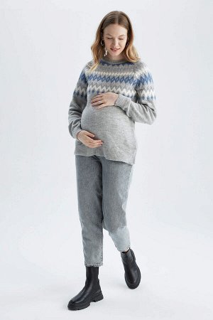 Трикотажный свитер для беременных с круглым вырезом и этническим рисунком