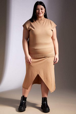 Эластичная талия двубортная юбка с разрезом плюс размер трикотажная юбка