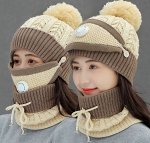 Зимняя шапка на флисе с маской  + снуд, беж