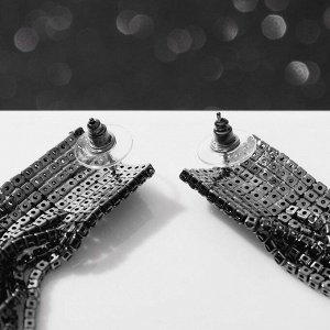 Серьги висячие со стразами «Водопад» на квадрате, чёрные в серебре, 11 см