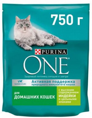 Purina ONE сухой корм для домашних кошек Индейка/цельные злаки 750гр