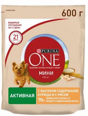 Purina ONE Мини Активная сухой корм для собак мелких пород Курица/рис 600гр