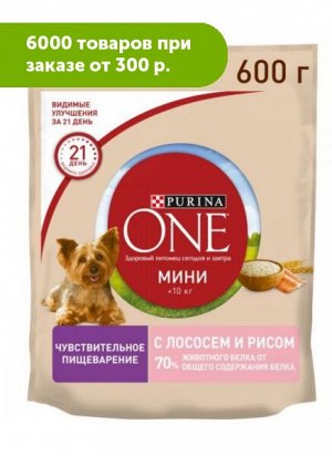 Purina ONE Мини Чувствительная сухой корм для собак мелких пород Лосось/рис 0,6кг