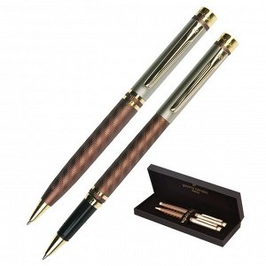 Набор ручка шариковая + роллер PIERRE CARDIN PEN&PEN, корпус латунь матовая, отделка никель и позолота, узел 0.7 + 0.6 мм, чернила синие, коричневый