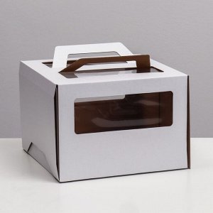 Коробка под торт 2 окна, с ручками, белая, + подложка 2,5 золото-белый, 24 х 24 х 20 см
