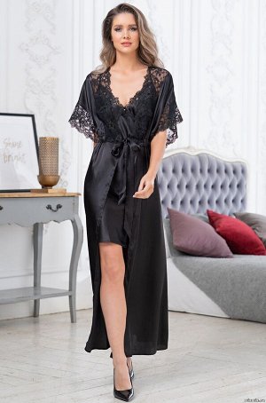 Edita 3679 Длинный пеньюар Mia-Amore с широким коротким рукавом и кулисой по линии талии, выполнен из смесового однотонного шелка. Вставки из французского кружева украшают верхнюю часть бортов и низ р