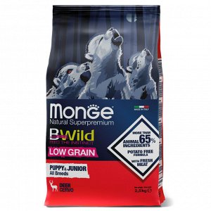 Сухой корм Monge Dog BWild LOW GRAIN Puppy & junior для щенков, низкозерновой, из мяса оленя 12 кг