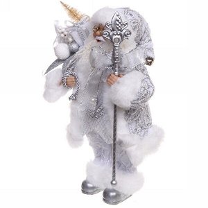 Дед Мороз 30 см в серебряной шубе с посохом и игрушками (без музыки)