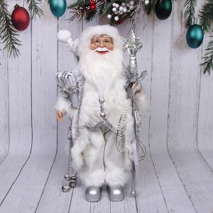 Дед Мороз 45 см в белой шубе с посохом и подарком (без музыки)