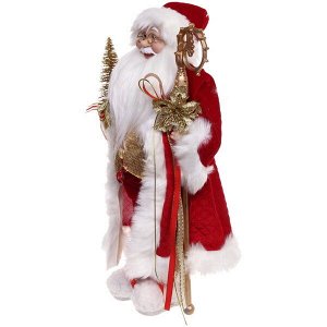 Дед Мороз 45 см в красно-золотом наряде с посохом и ёлкой (без музыки)