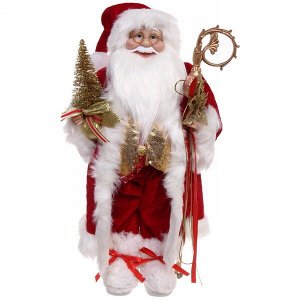 Дед Мороз 45 см в красно-золотом наряде с посохом и ёлкой (без музыки)