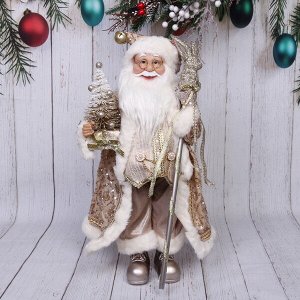 Дед Мороз 45 см в золотой шубе с посохом и ёлкой (без музыки)