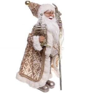Дед Мороз 45 см в золотой шубе с посохом и ёлкой (без музыки)