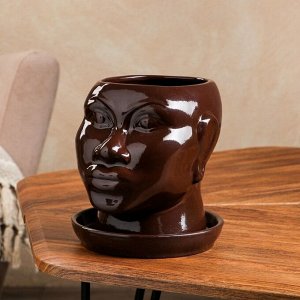 Горшок для цветов "Голова африканки", глазурь, коричневое, керамика, 1.4 л